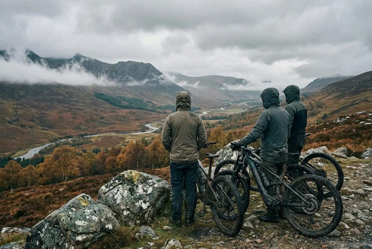 Drei Radfahrer mit E-Bikes blicken über ein Bergtal