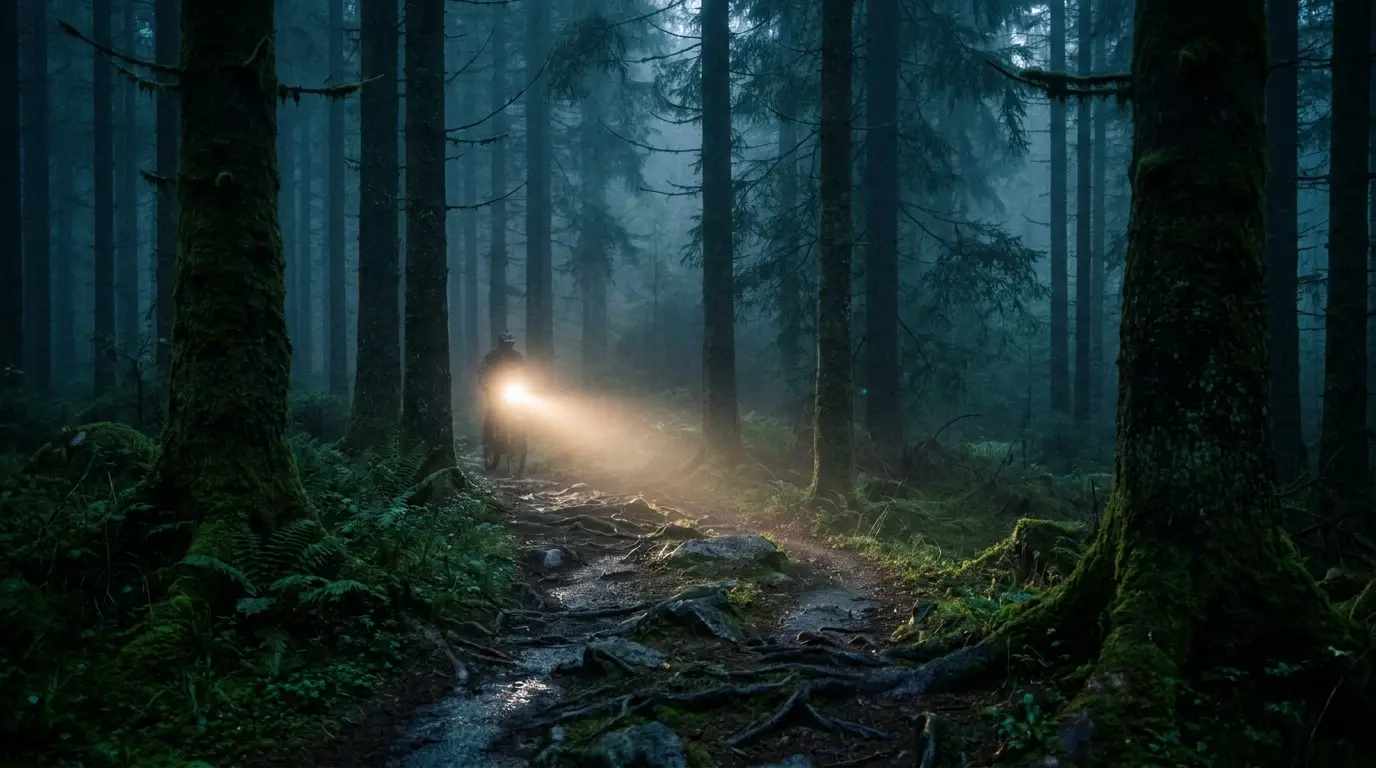 Ein E-Bike-Licht beleuchtet einen Waldweg in der Dämmerung
